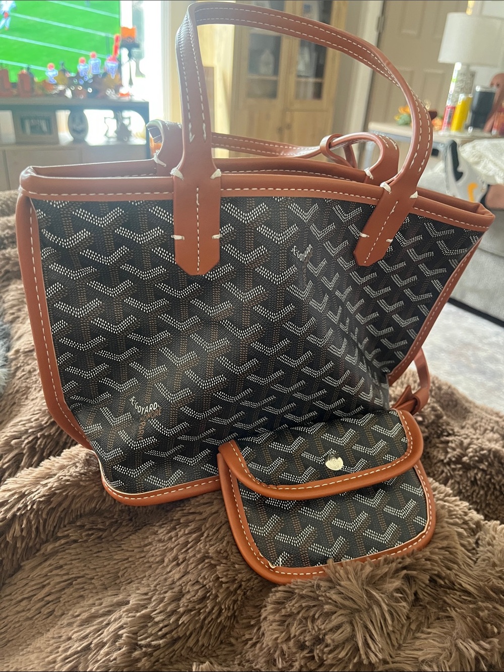 Goyard Style Black Printed Tote with Brown Trim